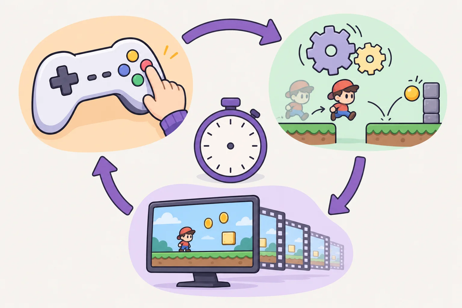 Three stations joined by arrows in a circle: a game controller, turning gears with a moving character and a bouncing ball, and a monitor showing a game scene, with a stopwatch in the middle.
