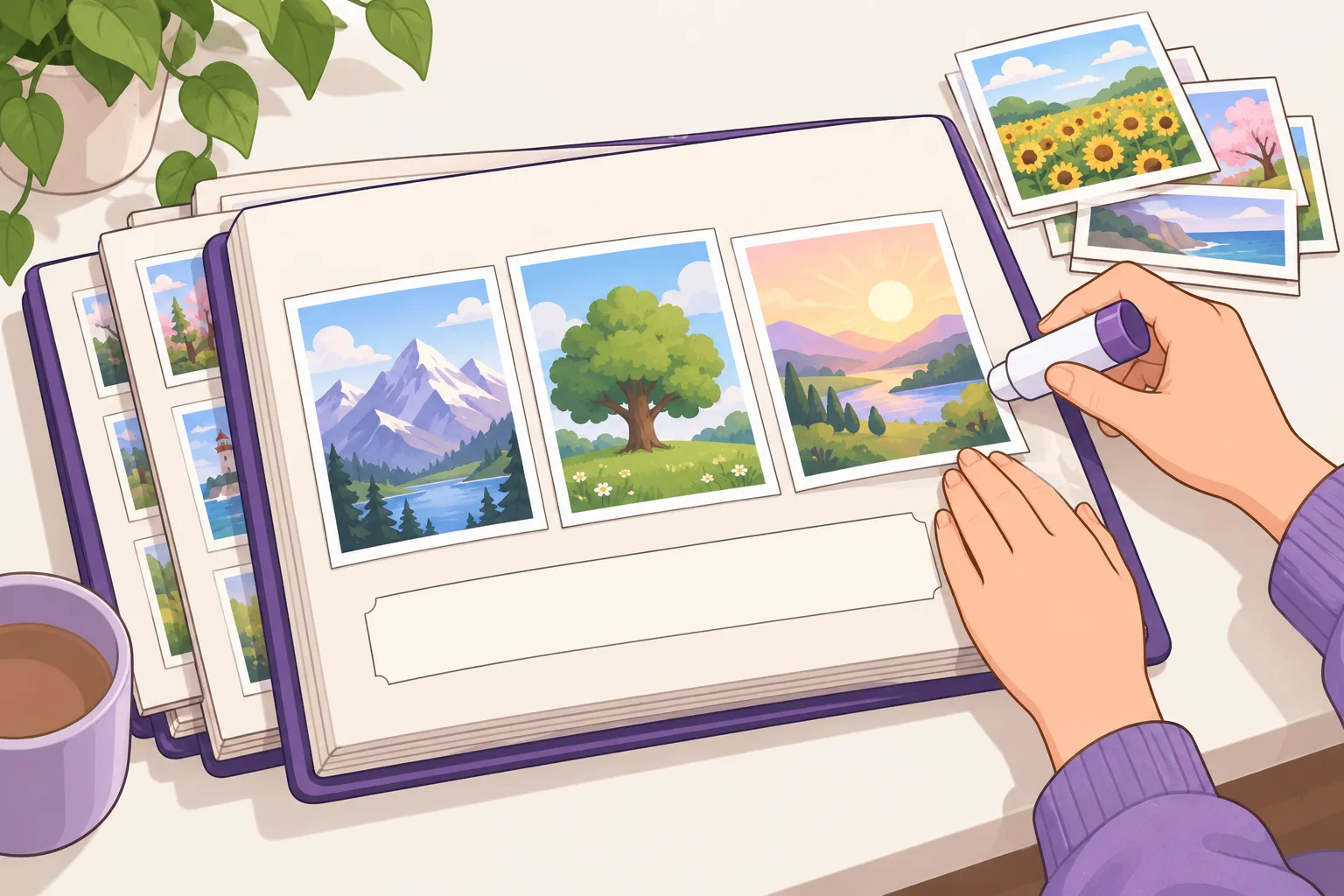 A photo album open at a page where a hand glues in a few chosen photos above a blank caption strip, with earlier pages stacked behind.