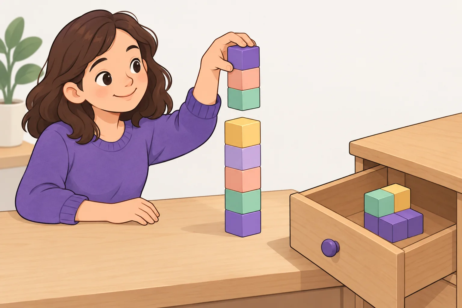 A stack of colored blocks being lifted onto a taller stack, while a half-finished block rests in an open drawer at the side.