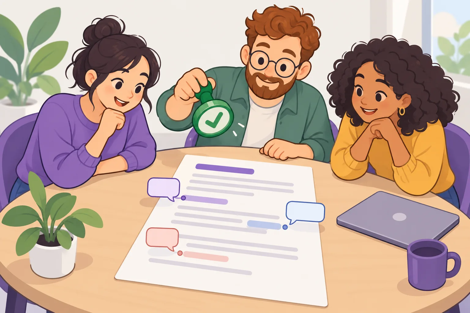 Teammates around a table look at the same document with small comment bubbles, and one of them holds a green check stamp, ready to approve it.