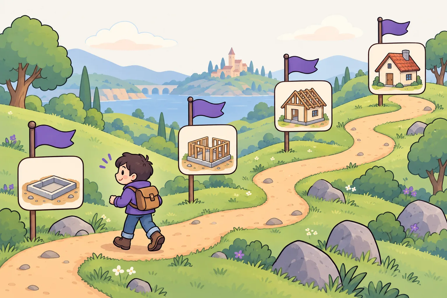 A winding path through a game world with flag posts along the way, each flag holding a small snapshot card, and a character walking back toward an earlier flag.