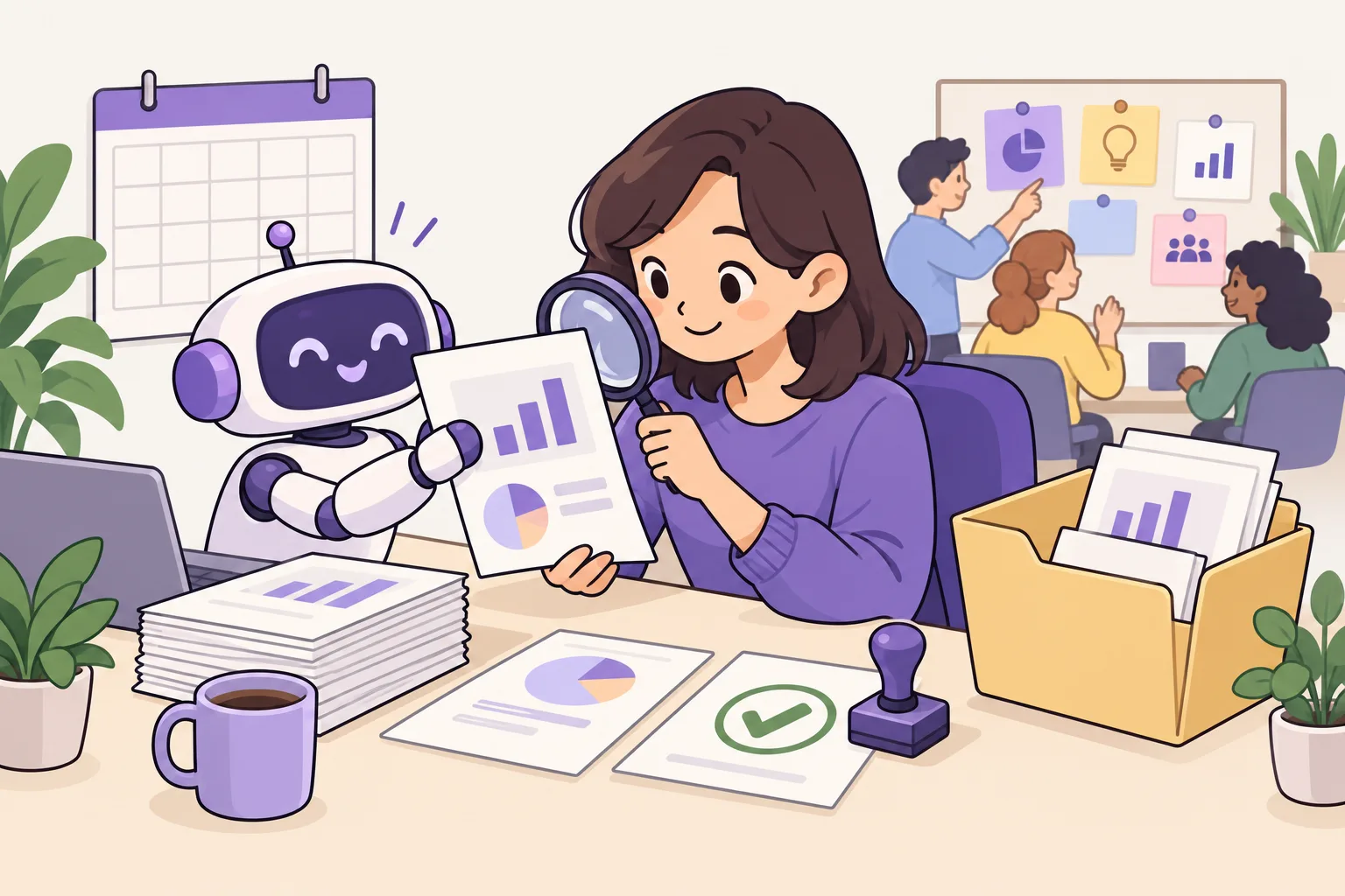 At an office desk, a friendly robot hands over a page with charts; the worker checks it with a magnifying glass, next to a check-mark stamp and a folder of finished pages, while colleagues share cards on a board in the background.