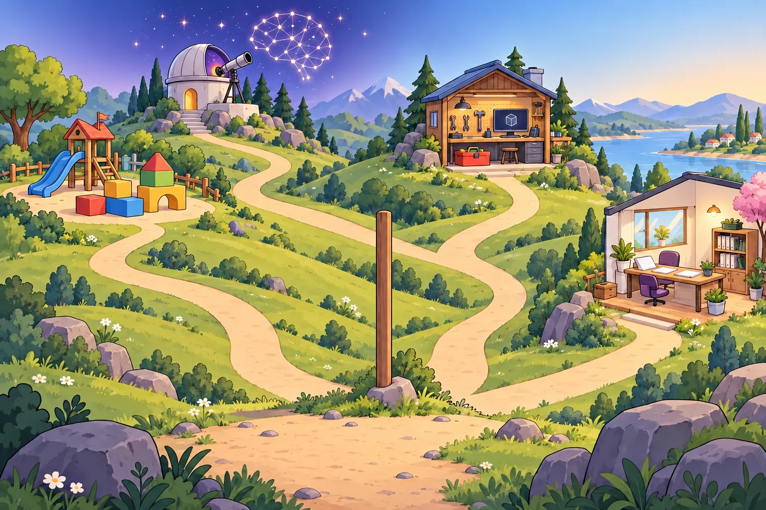 A learner with a backpack stands at a signpost where four paths lead to a playground, a star observatory, a workshop and an office.