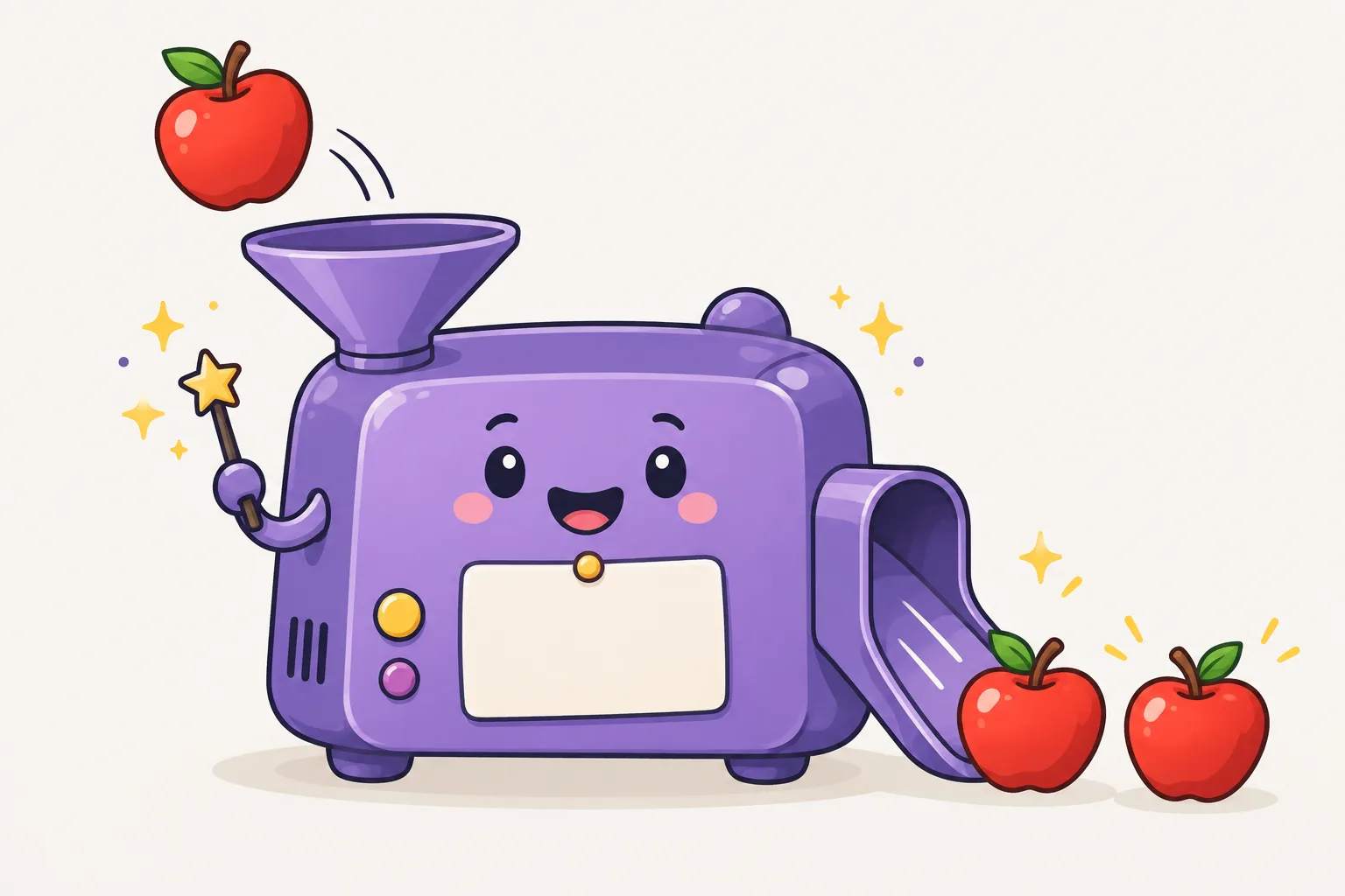 A cute magic machine: one apple goes into a funnel on top and two apples come out of a chute on the side.