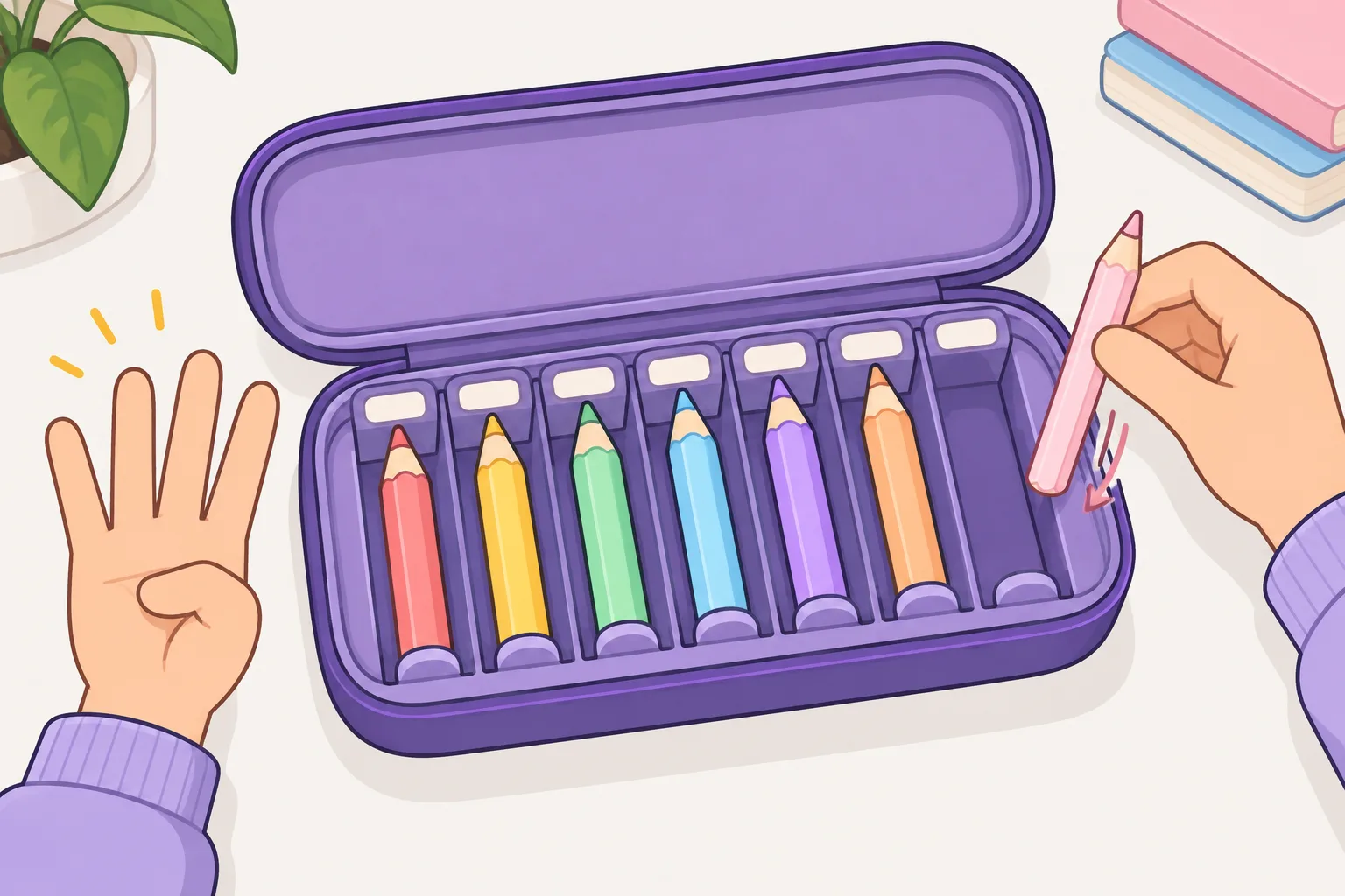 An open pencil case with colored pencils in a row and a new pencil sliding into the empty slot at the end.