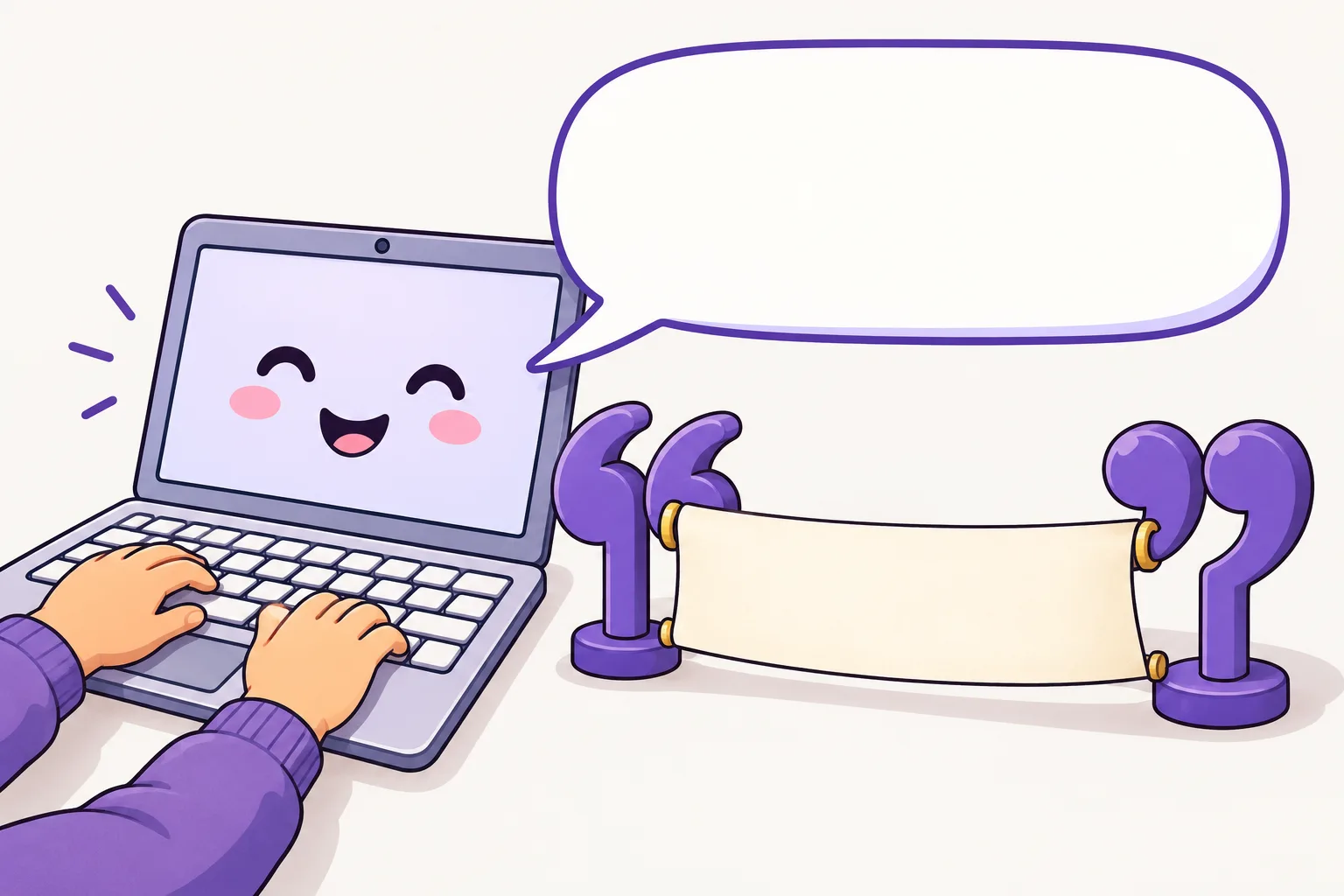 A smiling laptop with an empty speech bubble coming out of its screen, a hand typing on its keyboard, and a blank paper strip held between two big quote-mark posts.