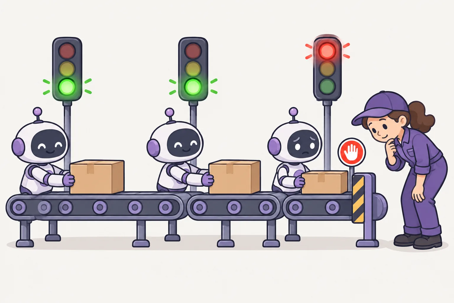 Robot workers pass boxes along a conveyor; green traffic lights over the first two stations let the boxes move on, a red light over the third stops the line and a supervisor leans in to look.