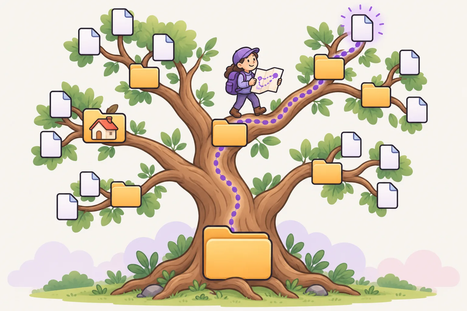 Folders drawn as a tree: the big folder at the trunk is the root, branches lead to more folders, leaves are files, one folder has a little house for home, and an explorer with a map follows a dotted path from the trunk to one glowing file.