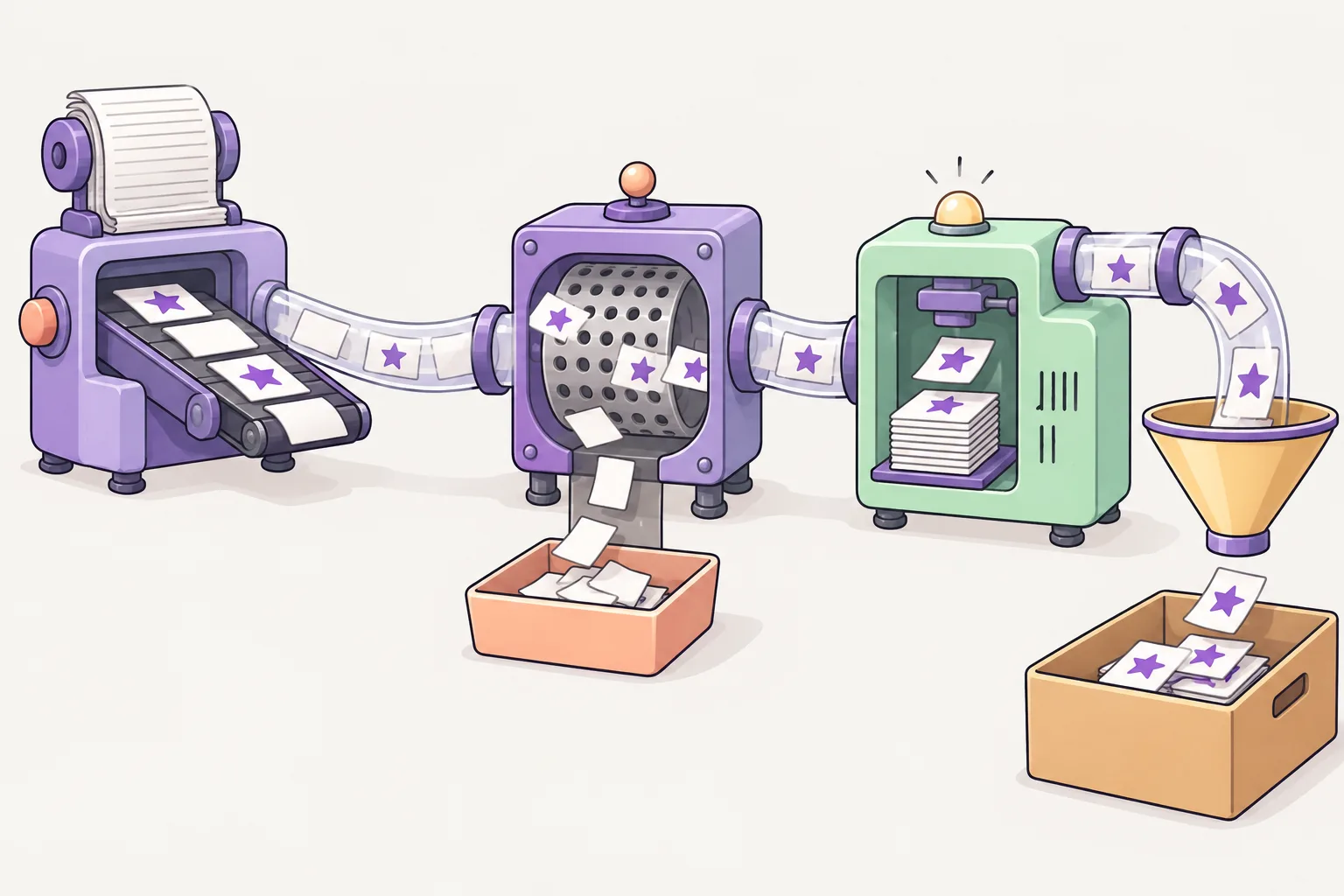 Three machines joined by clear pipes: the first sends out a stream of paper slips, the second is a drum sieve that drops plain slips into a tray and lets only star slips through, the third stacks and counts them, and a last pipe pours the star slips through a funnel into a box.