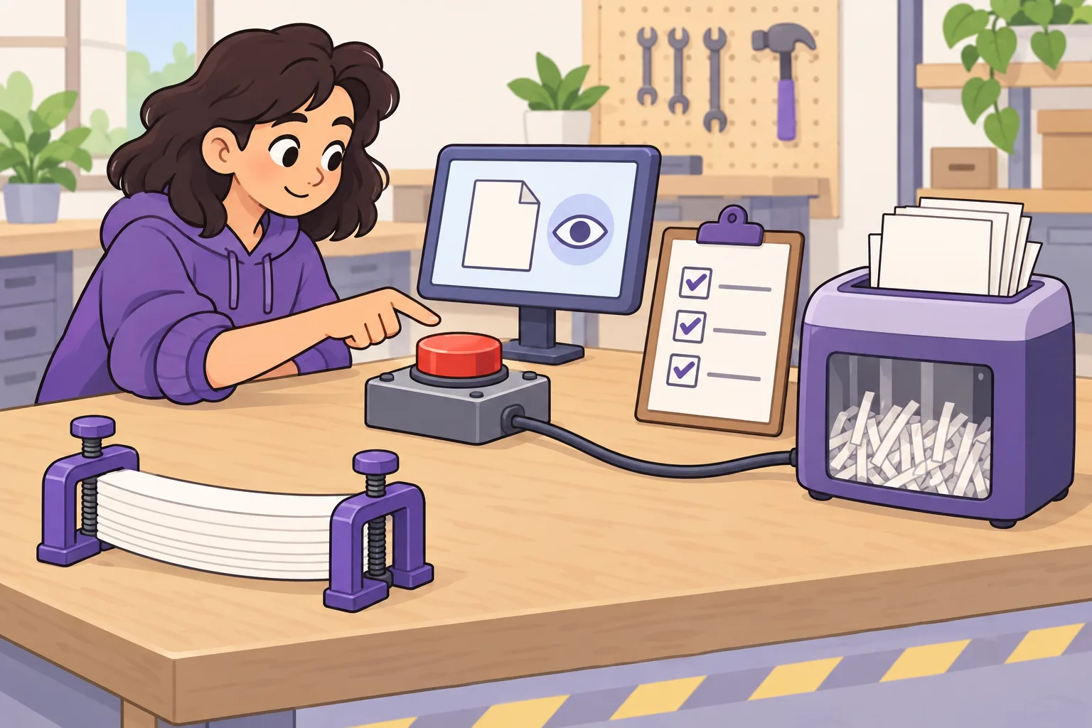 At a workbench a person is about to press a big red button wired to a paper shredder, but first looks at a preview screen with an eye icon and a ticked checklist; nearby a stack of paper slips is held together by two clamps.