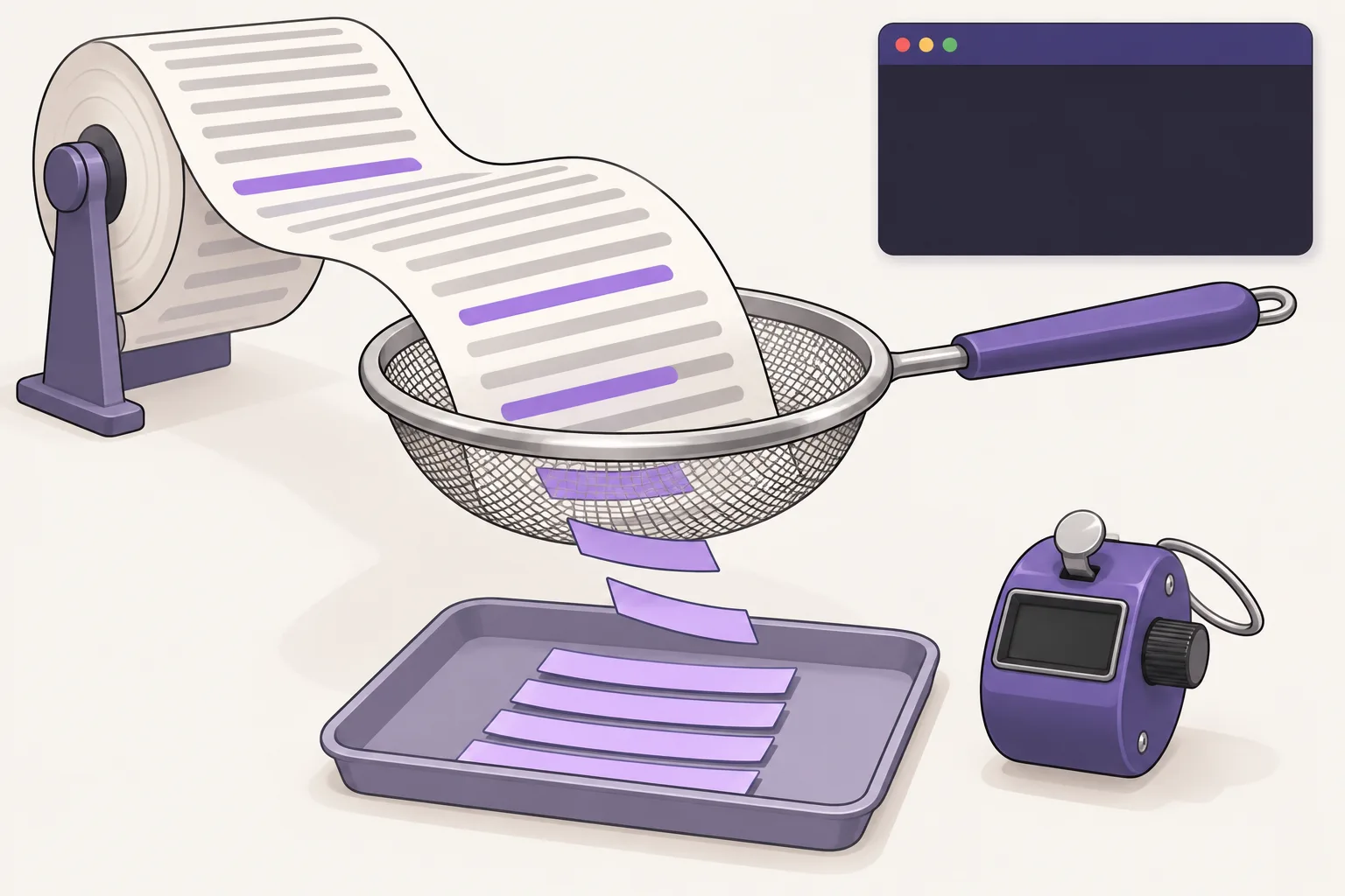 A sheet of text lines passes through a sieve: only the lines with a highlighted word fall through, then they are lined up in order and counted with a tally counter.