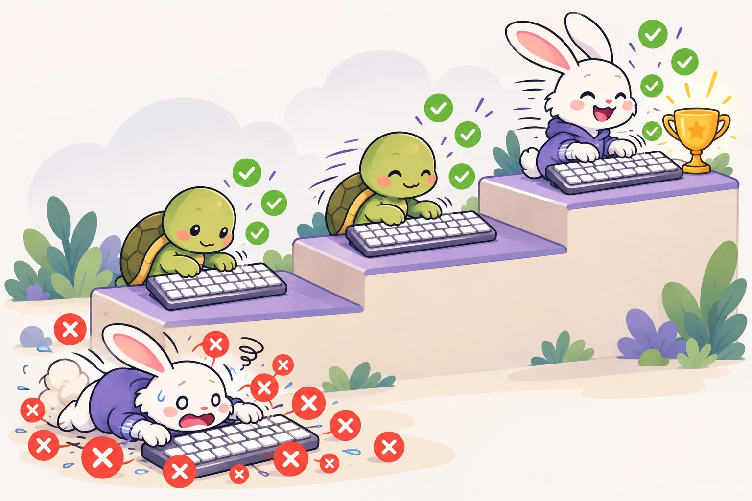 A turtle typing carefully with green check marks climbs a staircase and becomes a fast rabbit with a trophy, while a rabbit that rushed is stuck at the bottom among red X marks.