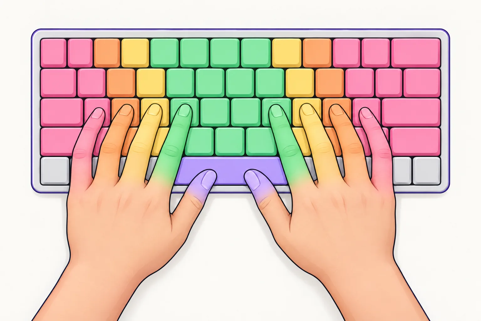 A keyboard seen from above with two hands on the home row. The key columns are colored pink, orange, yellow and green by finger, and the space bar is lavender for the thumbs.