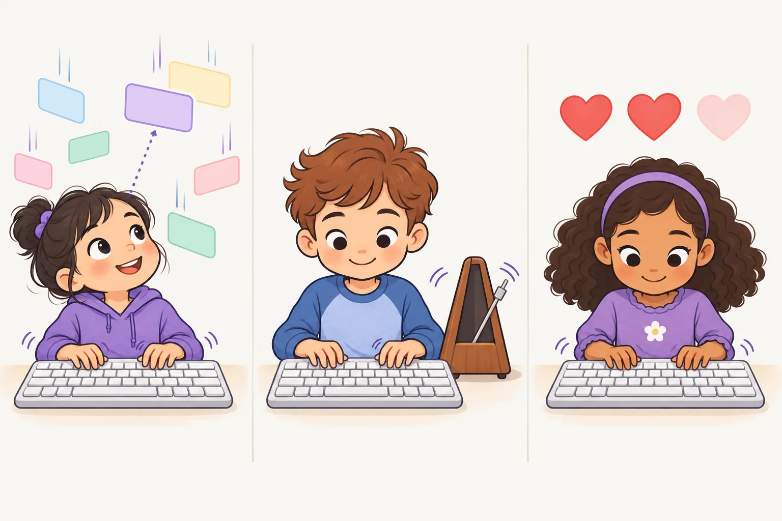 Three panels: a child's eyes on the next falling word while the fingers type, a child typing to a steady metronome beat, and a child typing carefully next to a row of hearts.