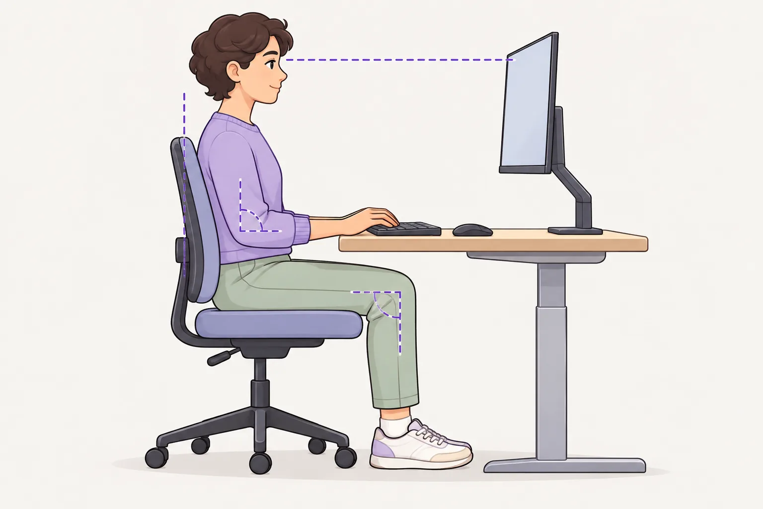 A person typing at a desk with a straight back, the screen at eye level, elbows bent at a right angle, wrists floating above the keyboard and feet flat on the floor.