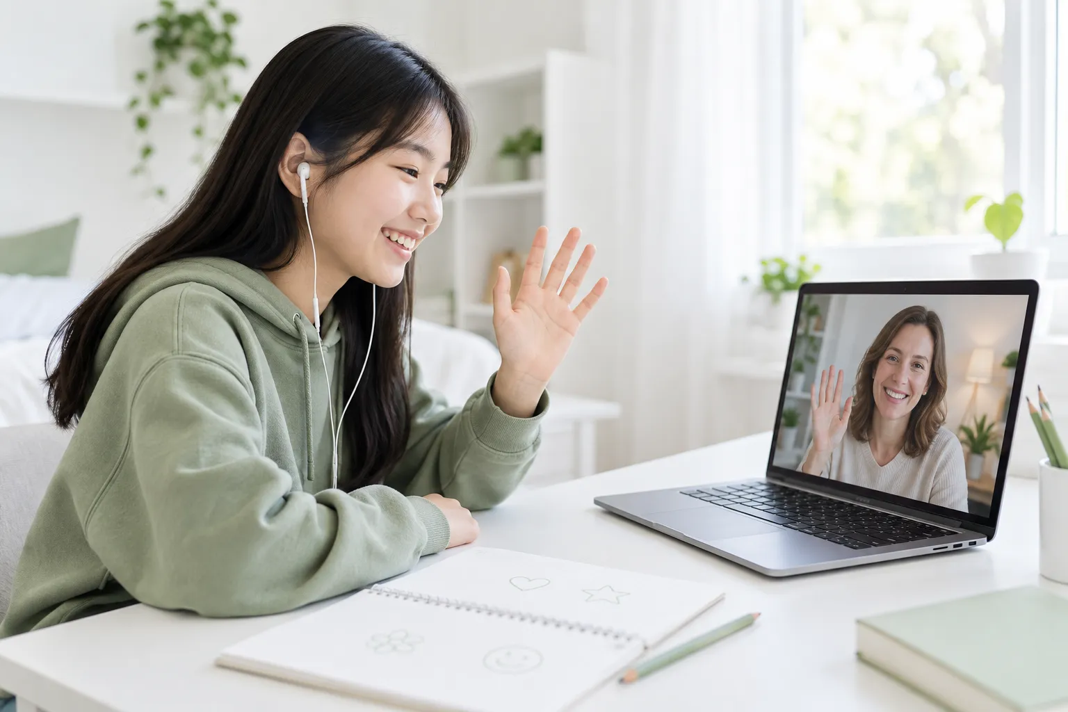 A student learning English in a video lesson