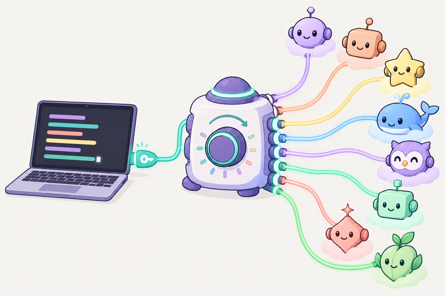 A single cable from a laptop terminal plugs into a hub in the middle, and from the hub many cables branch out to robot heads of different shapes