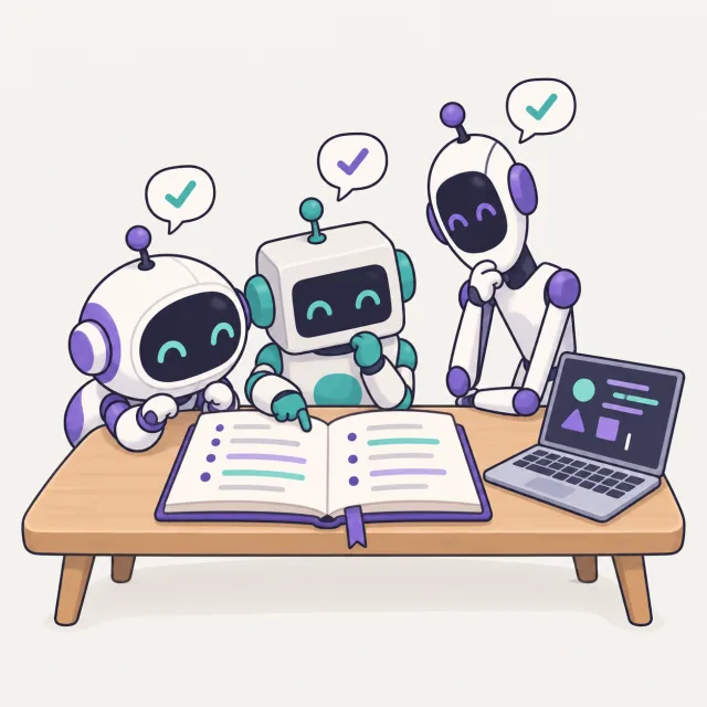 Three different robots lean over the same open notebook and each one nods with a check mark