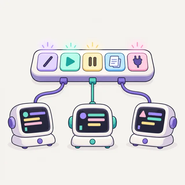 One keyboard-like card with five glowing keys is cabled to three different small terminal machines