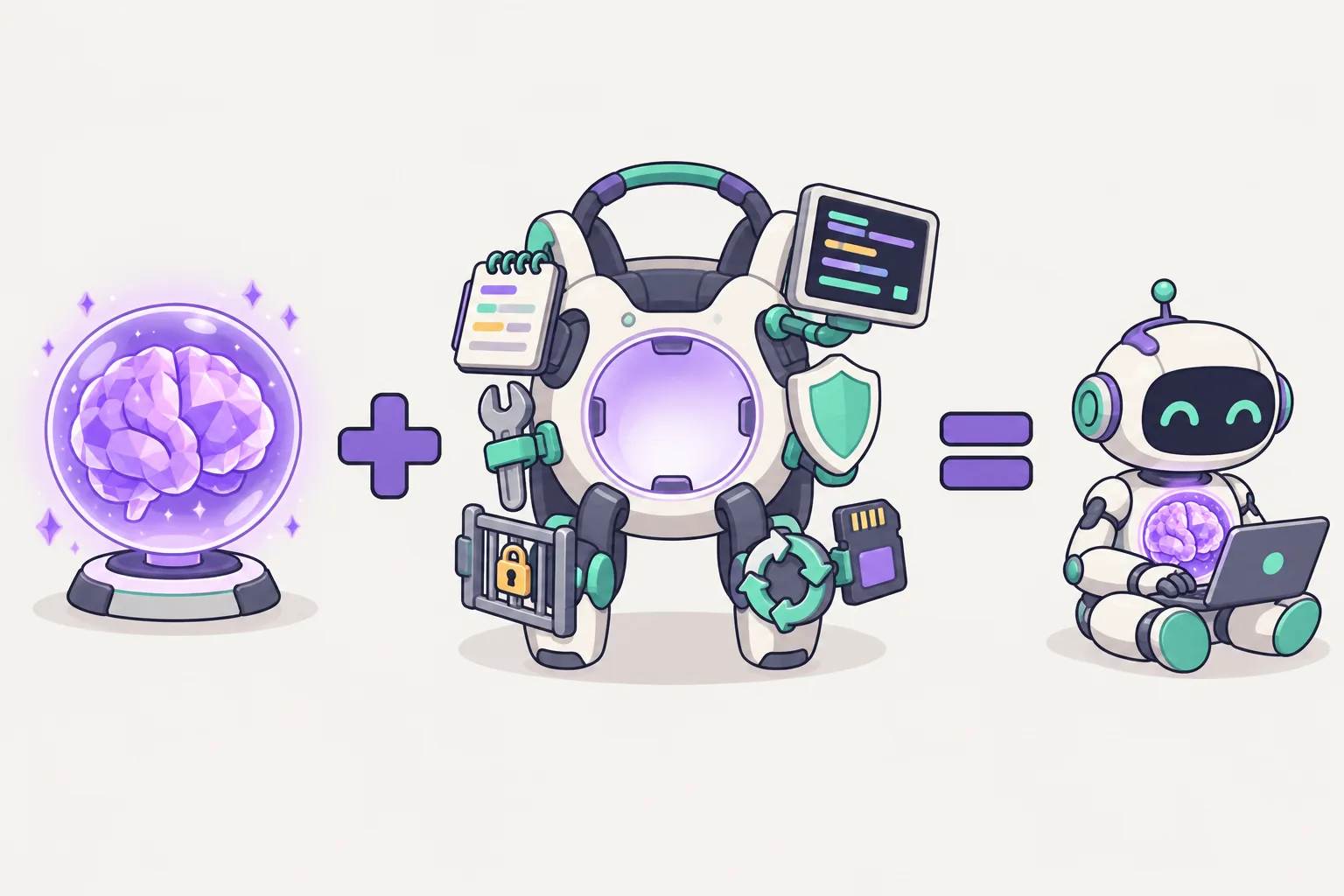 A glowing brain orb plus a robot frame full of tools — a notebook, a wrench, a screen, a shield, a lock and a loop arrow — equals a small robot working on a laptop with the orb inside its chest