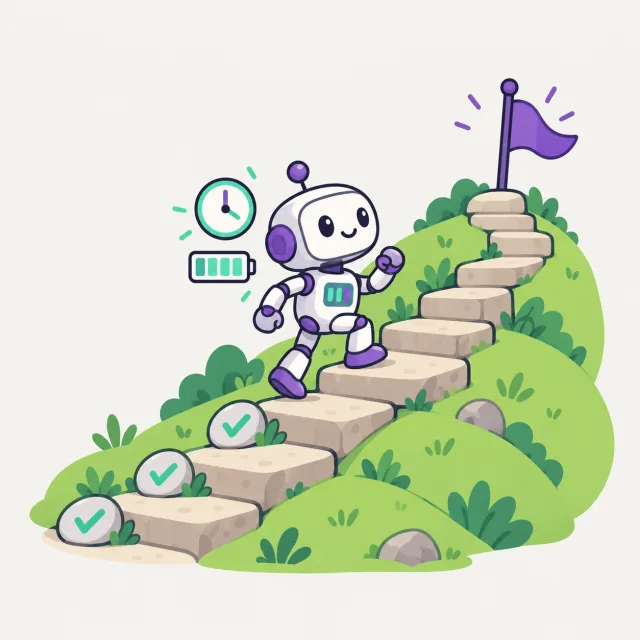 A small robot climbs a long stone staircase toward a flag at the top, passing stones with check marks, with a clock and a full battery beside it