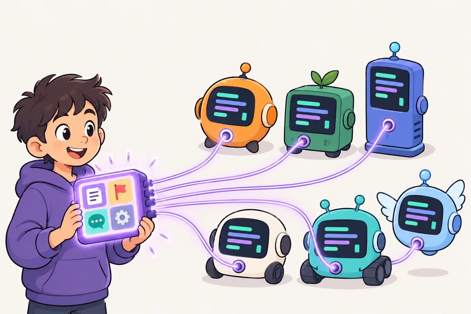 A student holds one glowing skill cartridge whose cables plug into six different terminal robots, and all six light up the same way