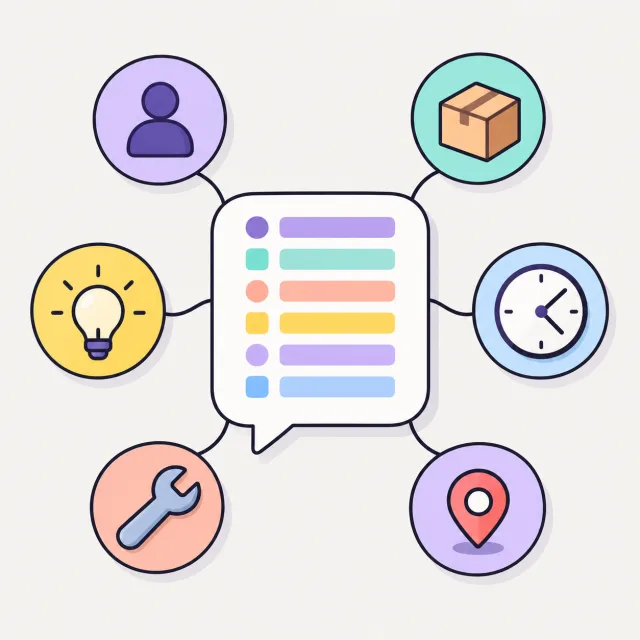 A speech-bubble card in the middle, joined to six round badges — a person, a box, a clock, a map pin, a light bulb and a wrench