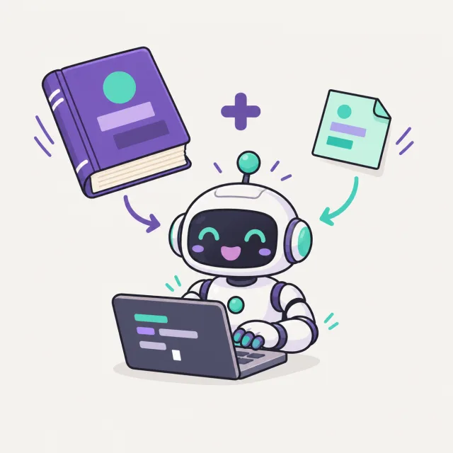 A thick rule book and a small sticky note slide into a happy robot that starts typing on a laptop