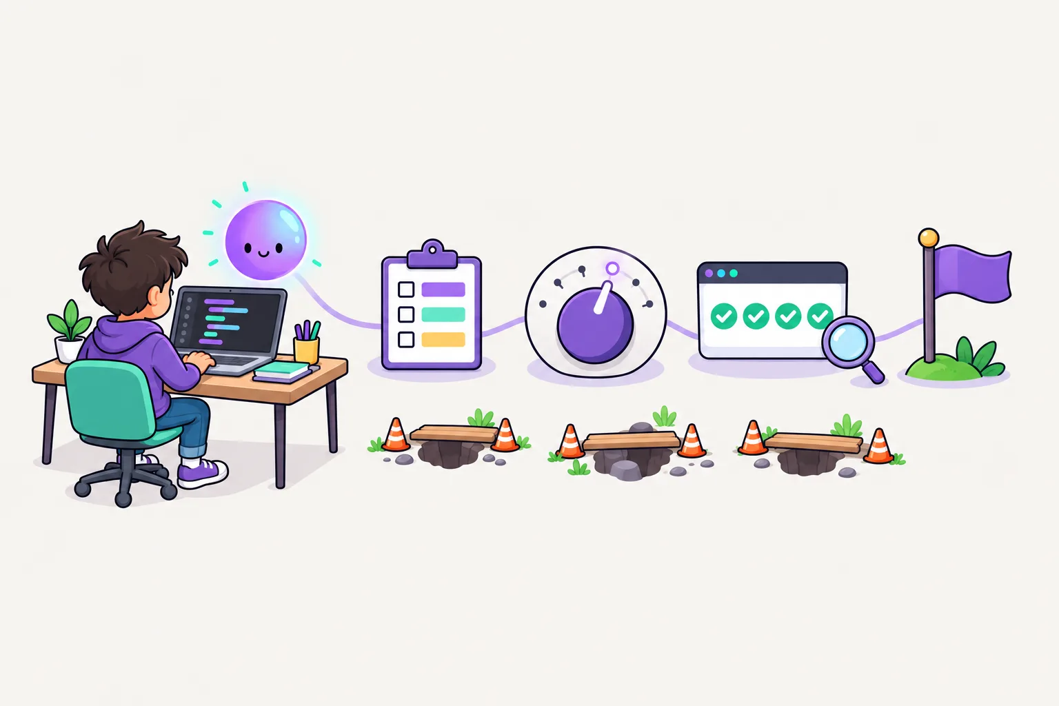 A student at a desk with a friendly AI orb; a path leads past a plan clipboard, a dial turned up, a screen of green check marks and on to a finish flag, while potholes beside the path are covered by planks